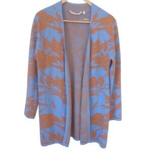 Soft Surroundings Womens Open Cardigan Sweater Blue & Brown Leaf‎ Print PM